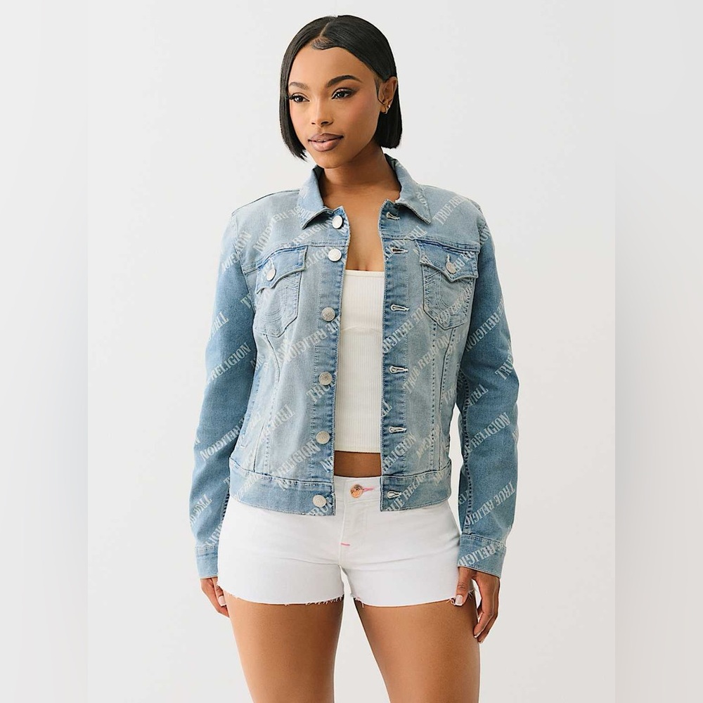 NWT True Religion Allover Logo Relaxed Trucker Jacket